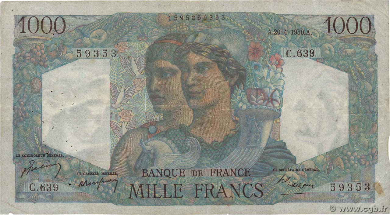 1000 Francs MINERVE ET HERCULE FRANCE  1950 F.41.32 TB