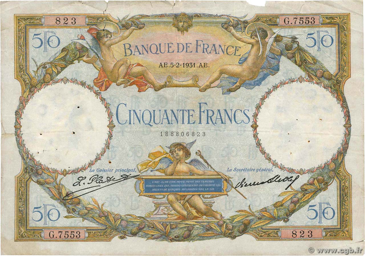 50 Francs LUC OLIVIER MERSON type modifié FRANKREICH  1931 F.16.02 S