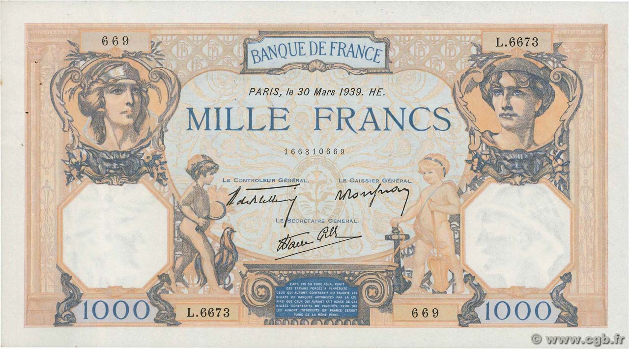 1000 Francs CÉRÈS ET MERCURE type modifié FRANCIA  1939 F.38.35 EBC
