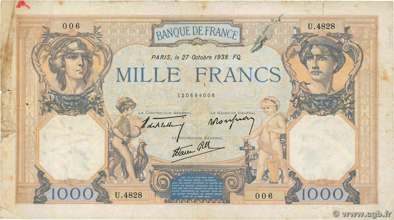 1000 Francs CÉRÈS ET MERCURE type modifié FRANCIA  1938 F.38.31 q.MB