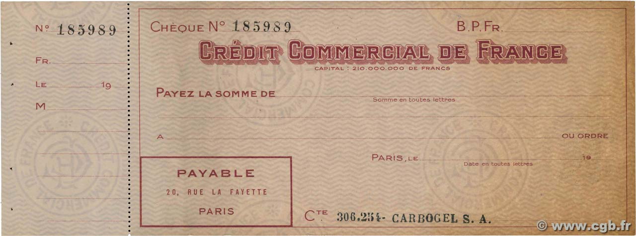 Francs FRANCE regionalism and various Paris 1933 DOC.Chèque XF