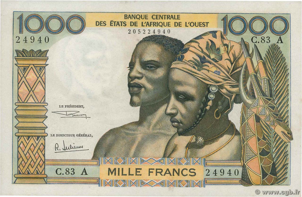 1000 Francs WEST AFRICAN STATES  1969 P.103Ag AU