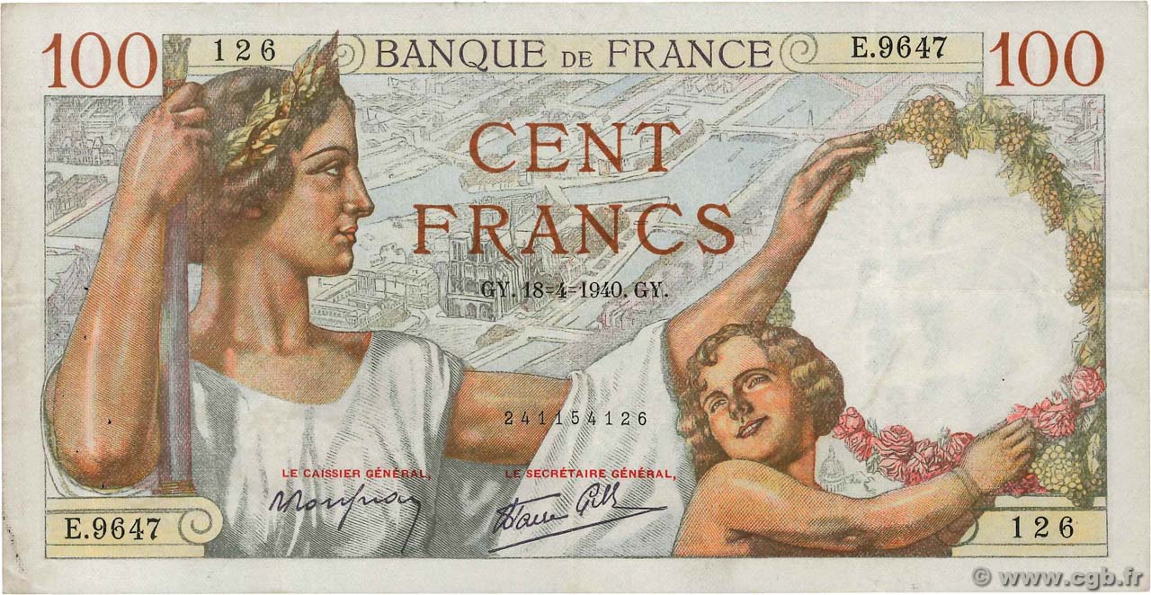 100 Francs SULLY FRANCE  1940 F.26.27 TTB