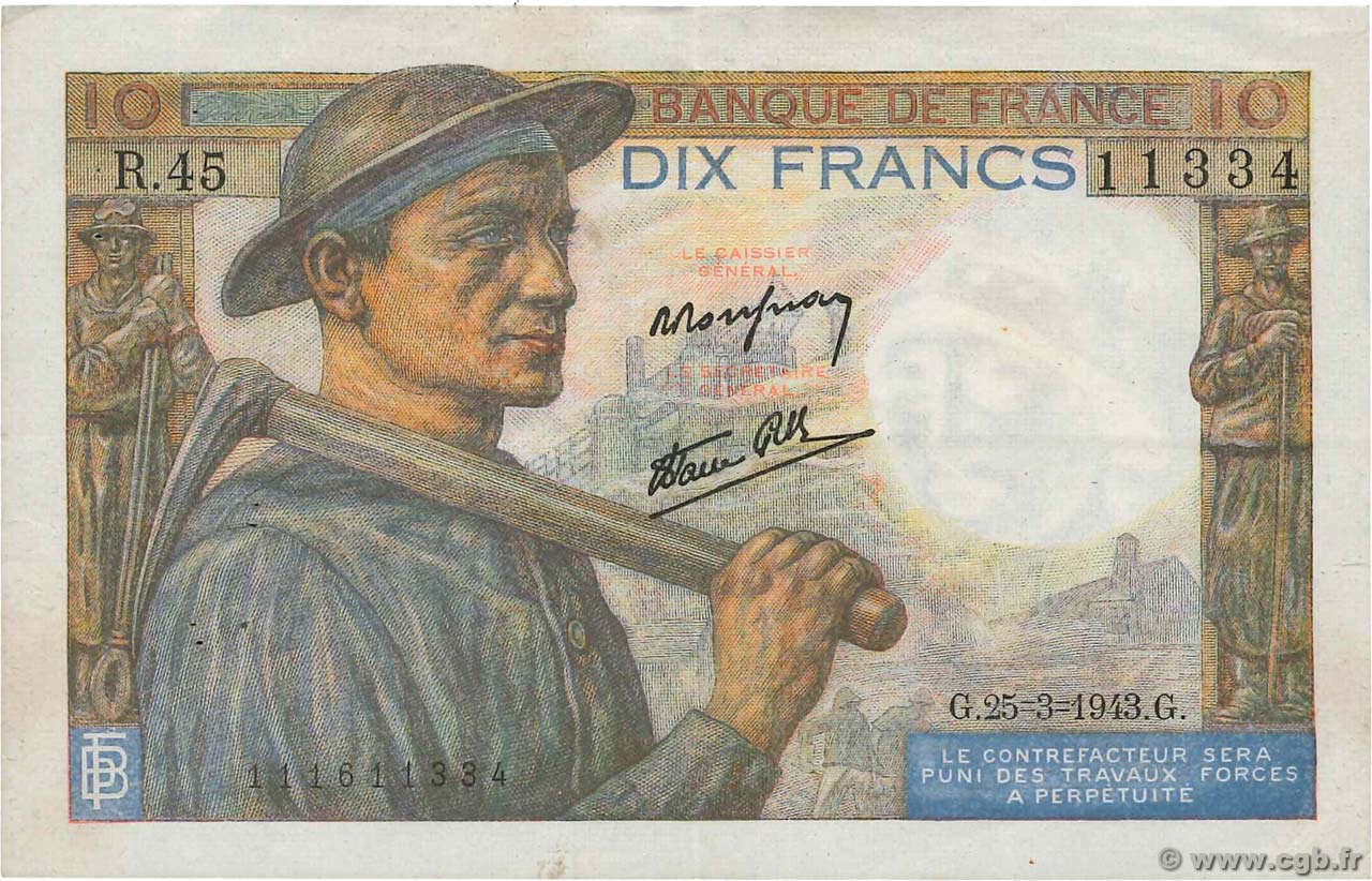 10 Francs MINEUR FRANCIA  1943 F.08.08 BB