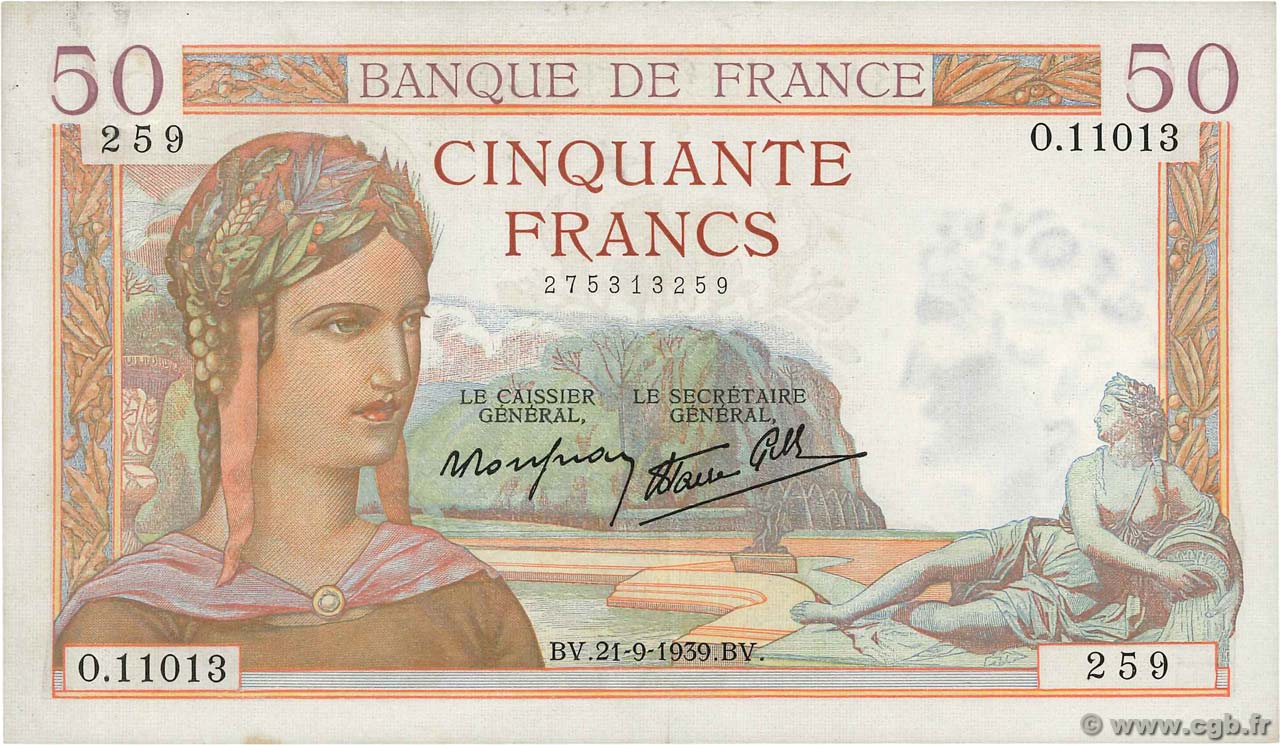 50 Francs CÉRÈS modifié FRANKREICH  1939 F.18.31 VZ