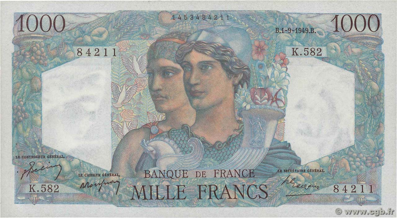 1000 Francs MINERVE ET HERCULE FRANCE  1949 F.41.28 SUP+