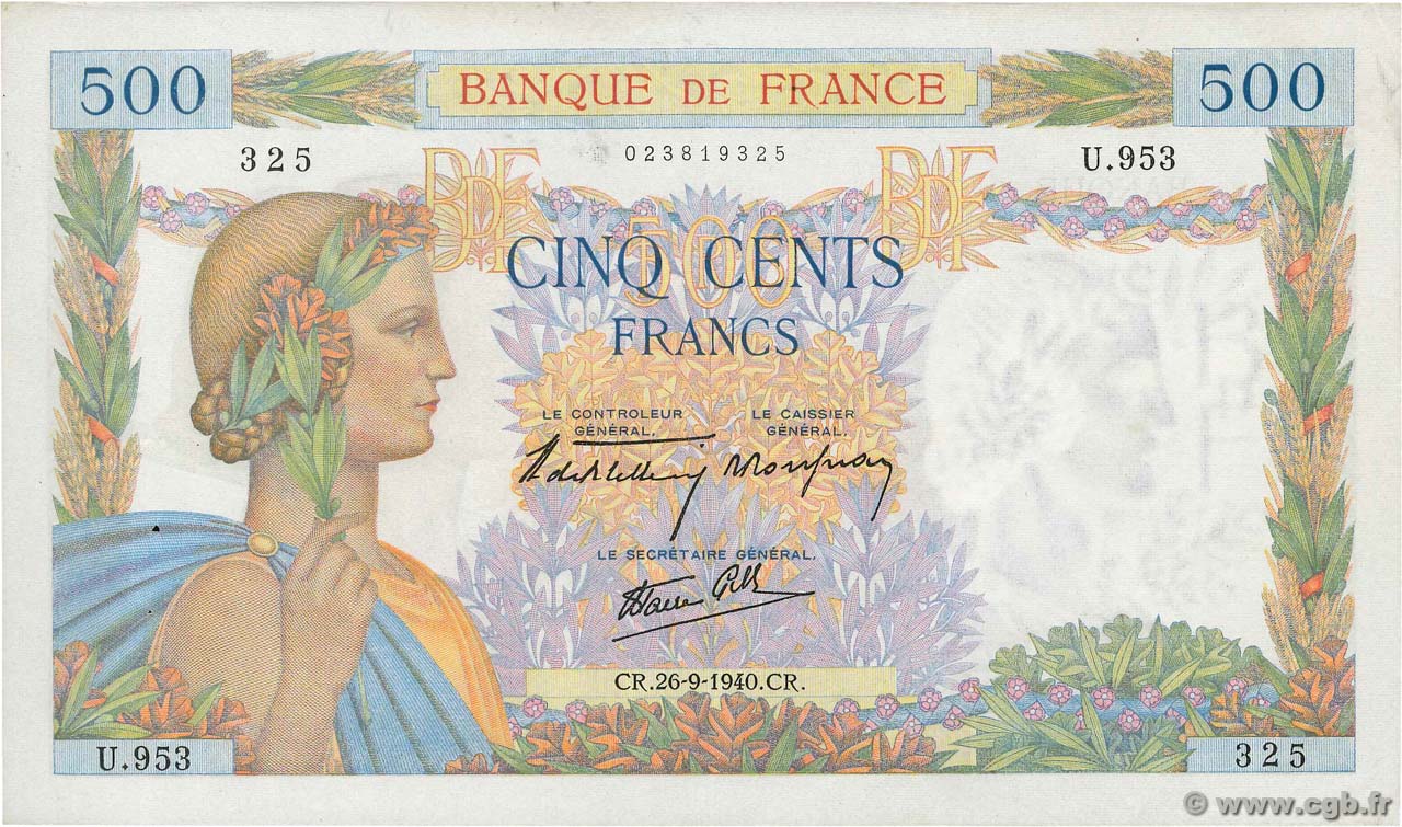500 Francs LA PAIX FRANCIA  1940 F.32.06 SPL