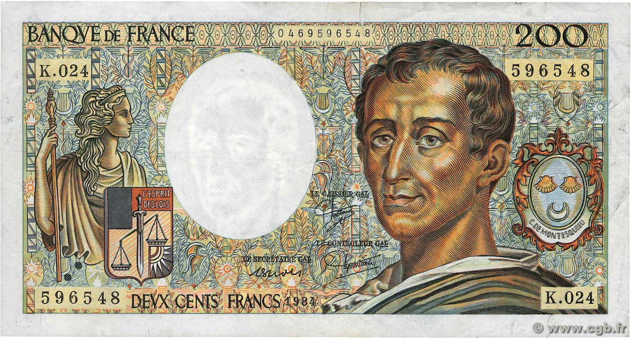 200 Francs MONTESQUIEU FRANCIA  1984 F.70.04 BC+
