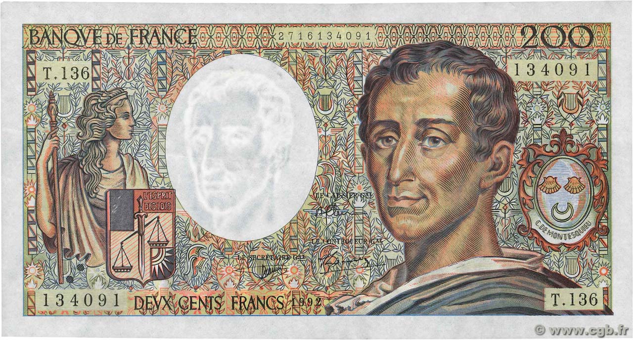200 Francs MONTESQUIEU FRANCE  1992 F.70.12c XF-
