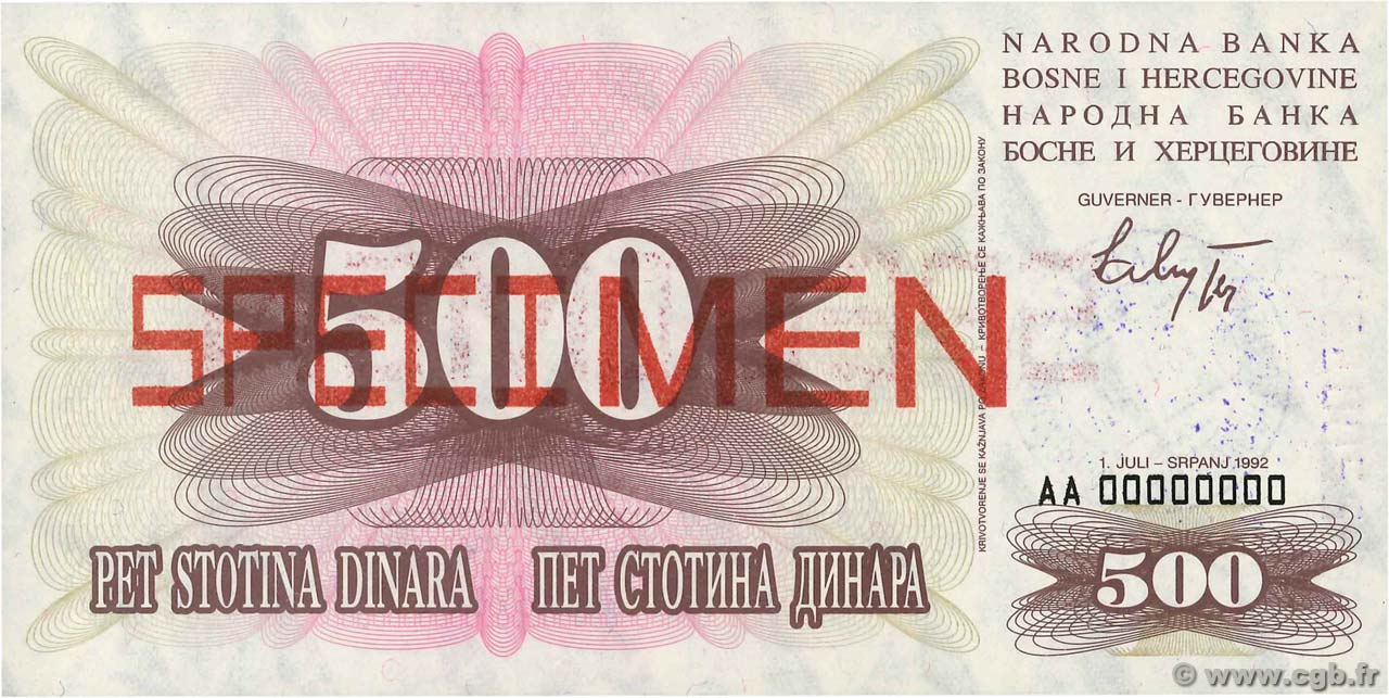500 Dinara Spécimen BOSNIA E ERZEGOVINA  1992 P.014s FDC