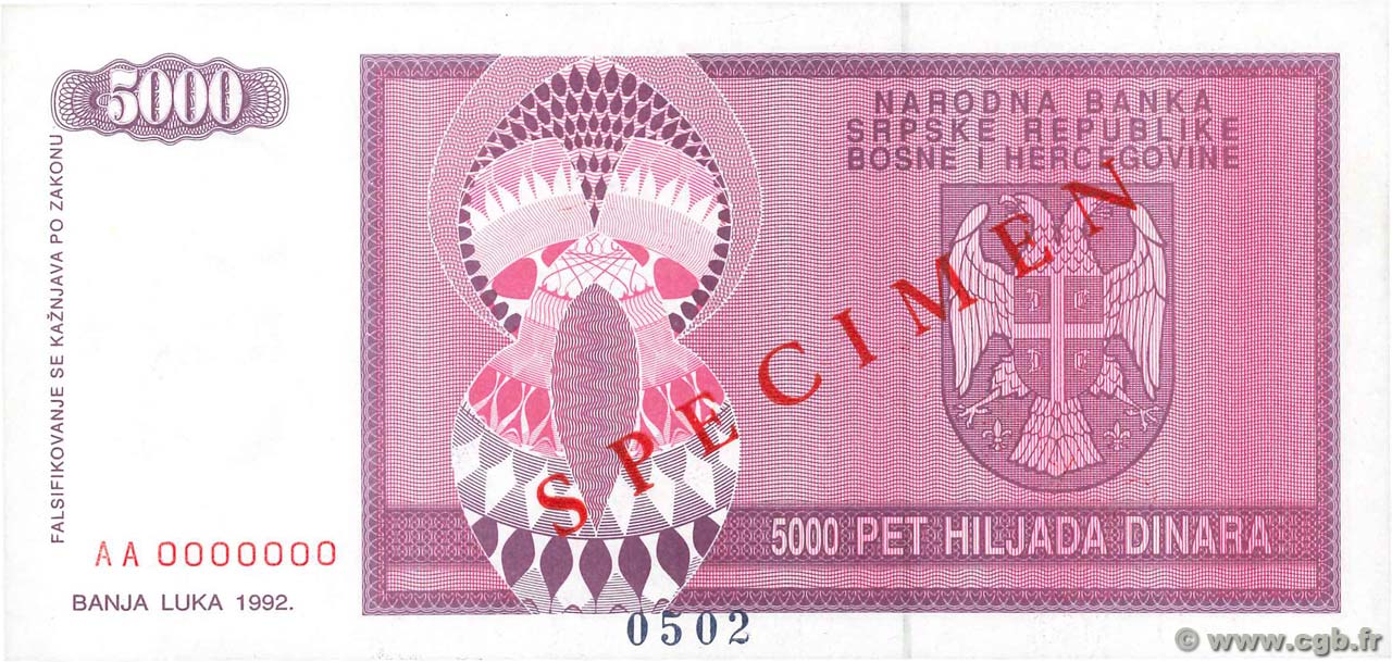 5000 Dinara Spécimen BOSNIEN-HERZEGOWINA  1992 P.138s ST