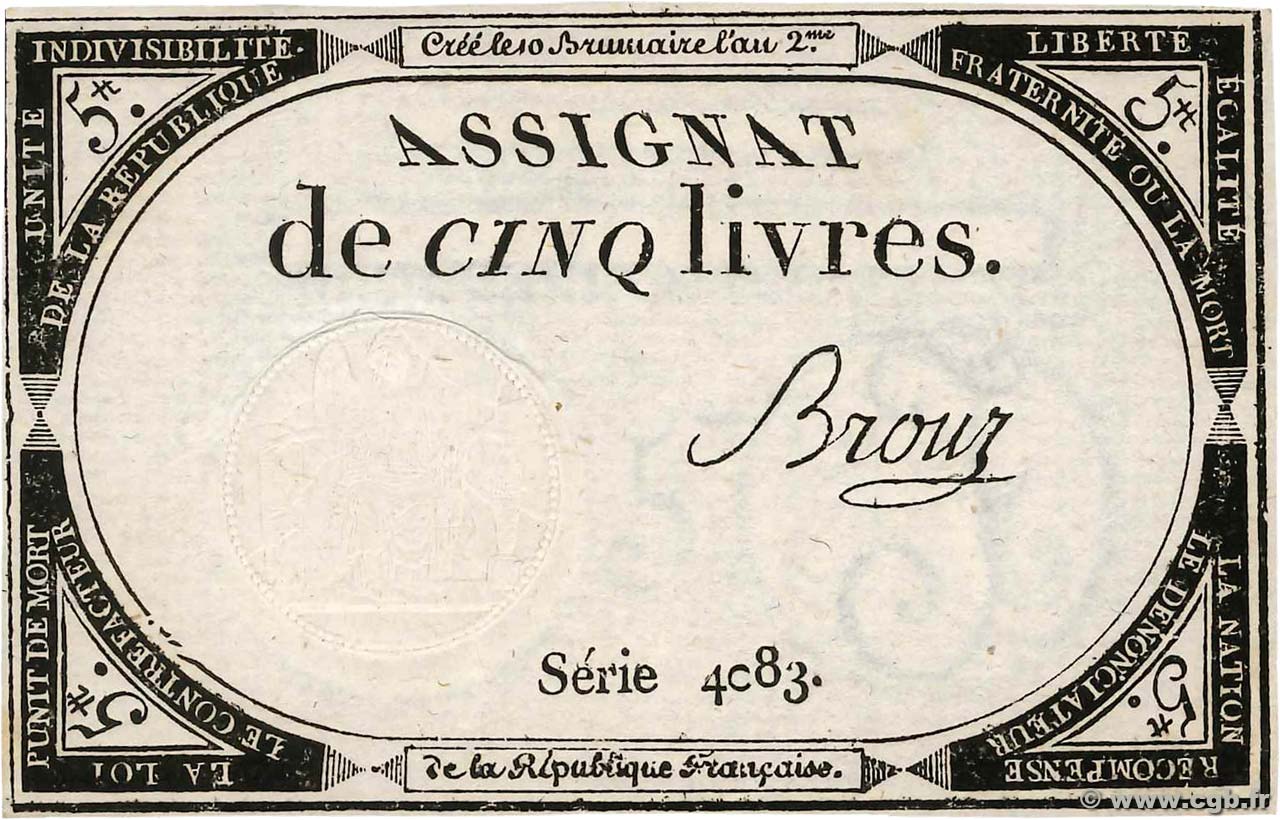5 Livres FRANCE  1793 Ass.46a AU