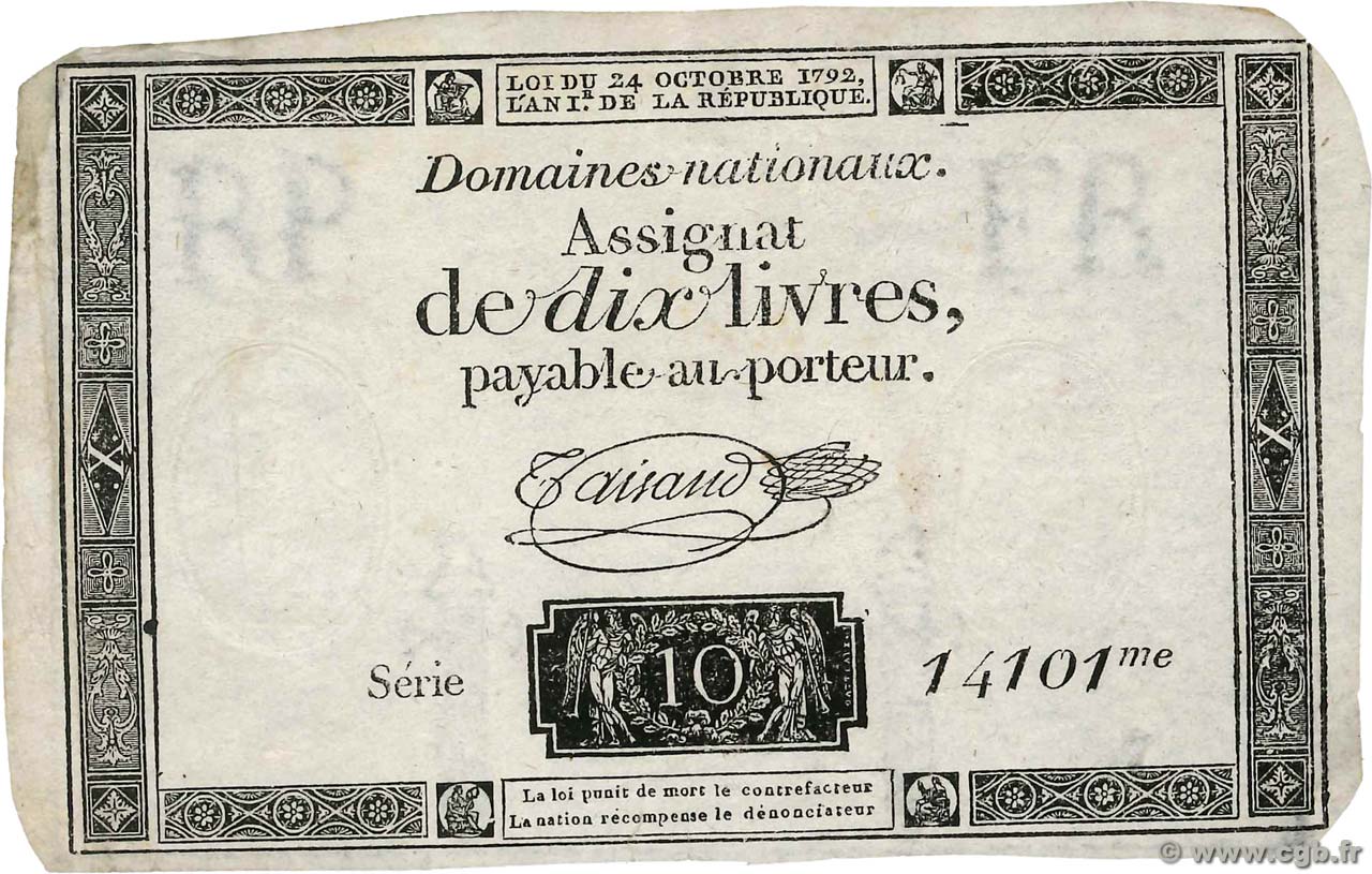 10 Livres filigrane républicain, gravure modifiée FRANCIA  1792 Ass.36c BB