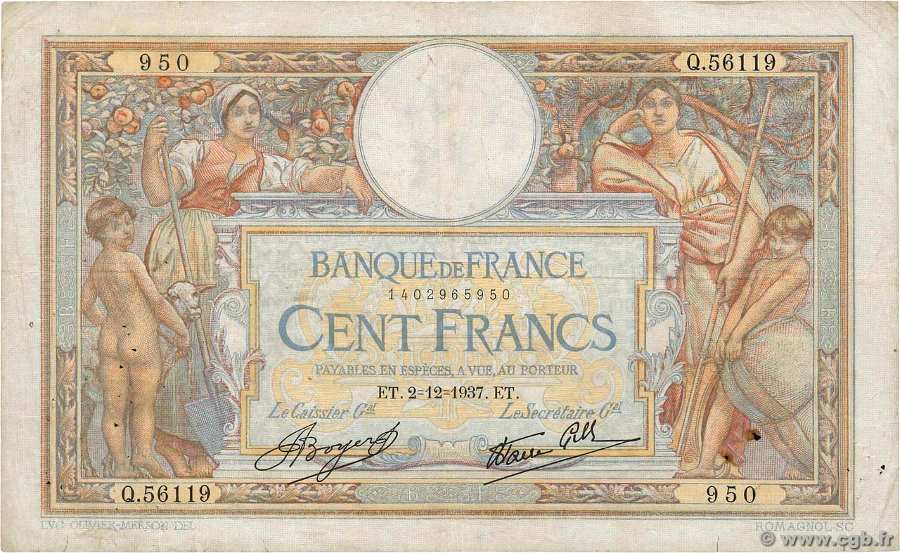 100 Francs LUC OLIVIER MERSON type modifié FRANCE  1937 F.25.04 TB+