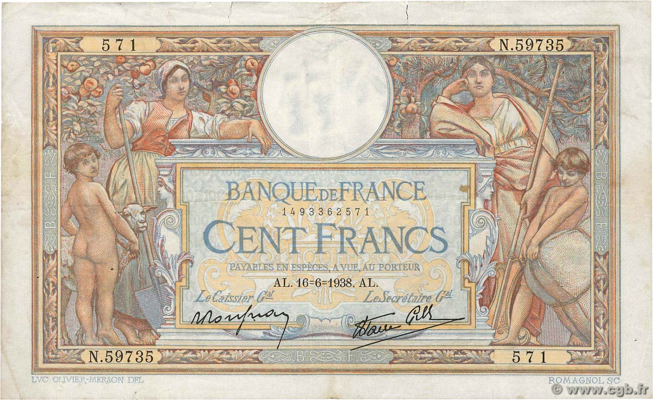 100 Francs LUC OLIVIER MERSON type modifié FRANKREICH  1938 F.25.23 fSS