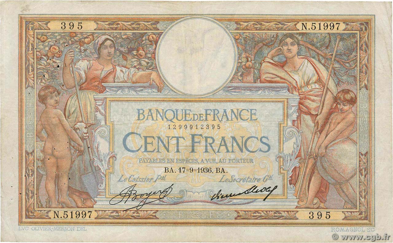 100 Francs LUC OLIVIER MERSON grands cartouches FRANCIA  1936 F.24.15 q.BB