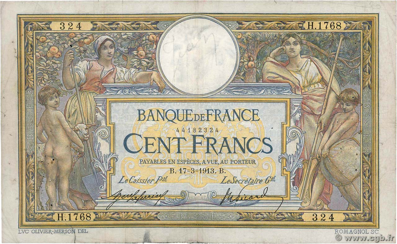 100 Francs LUC OLIVIER MERSON sans LOM FRANCE  1913 F.23.05 pr.TB