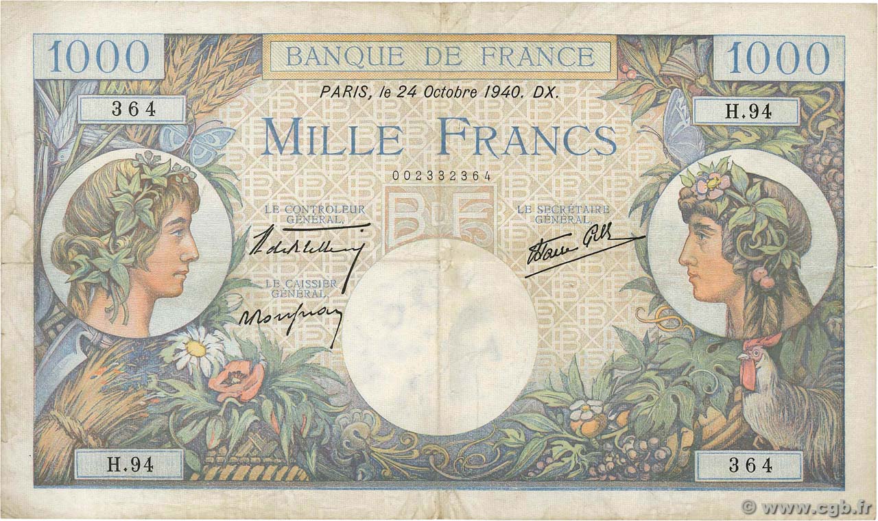 1000 Francs COMMERCE ET INDUSTRIE FRANCE  1940 F.39.01 TB