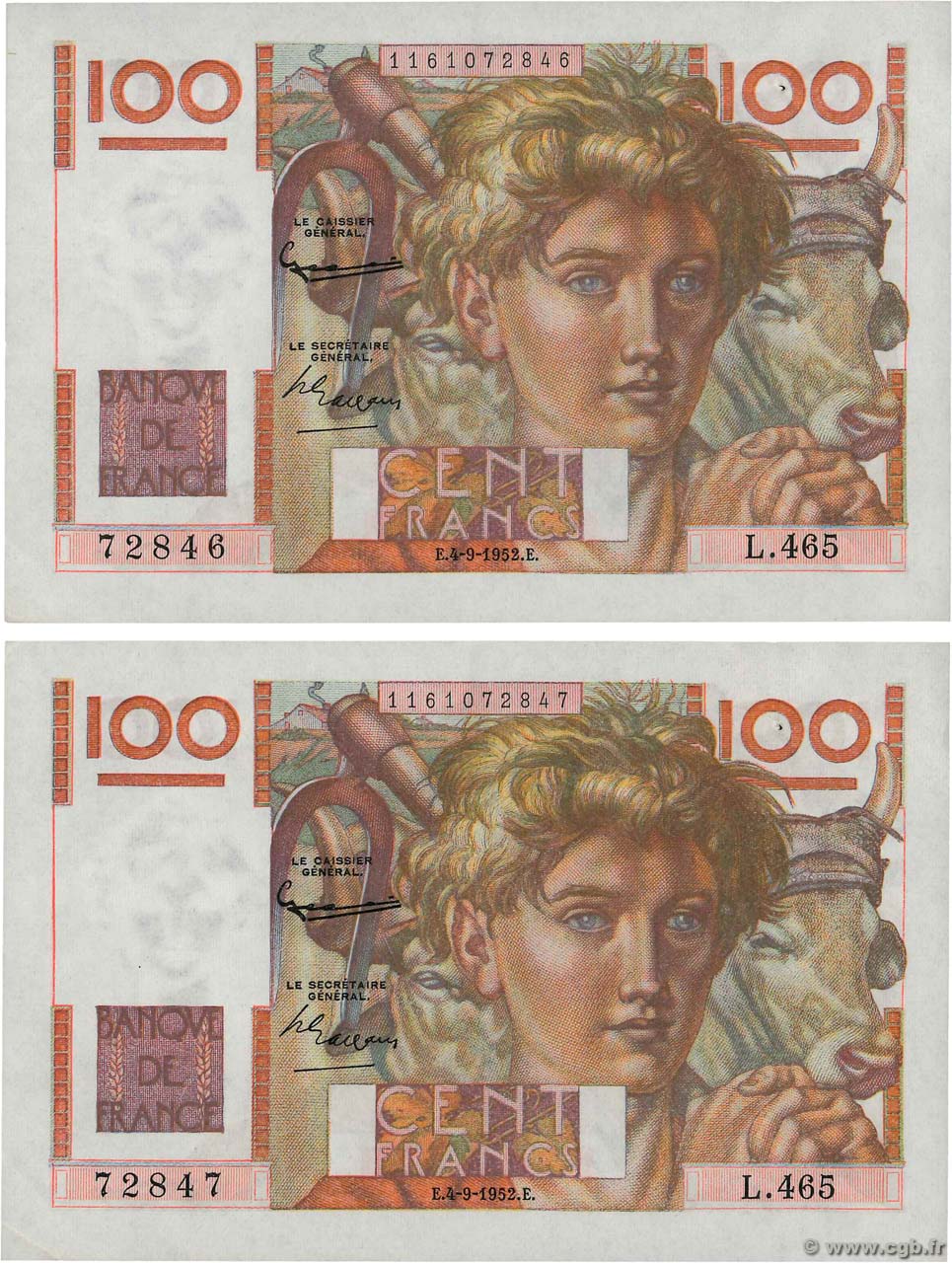 100 Francs JEUNE PAYSAN Consécutifs FRANCE  1952 F.28.33 SUP