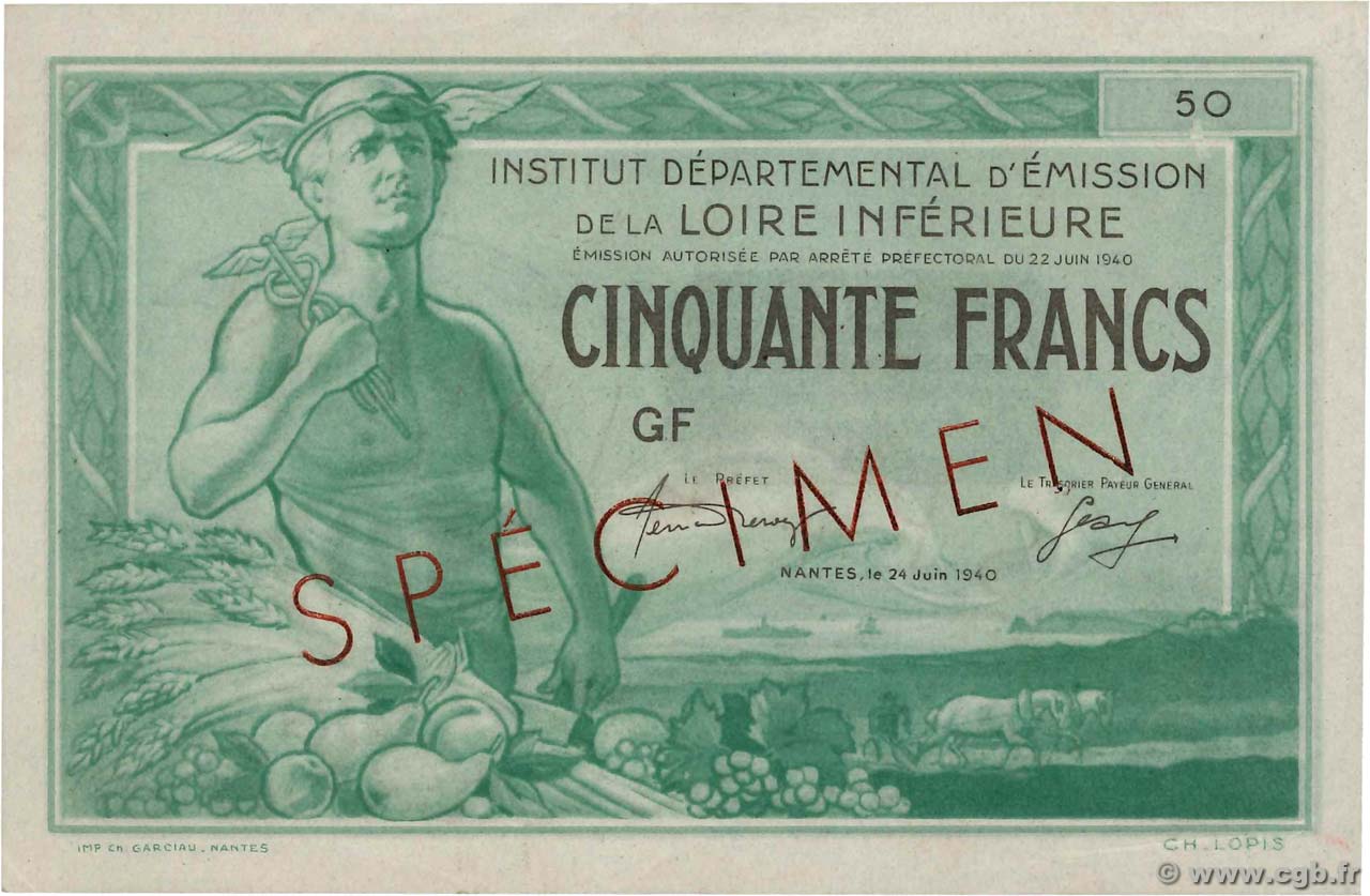 50 Francs LOIRE INFERIEURE Spécimen FRANCE Regionalismus und verschiedenen Nantes 1940 BU.63.02 fST