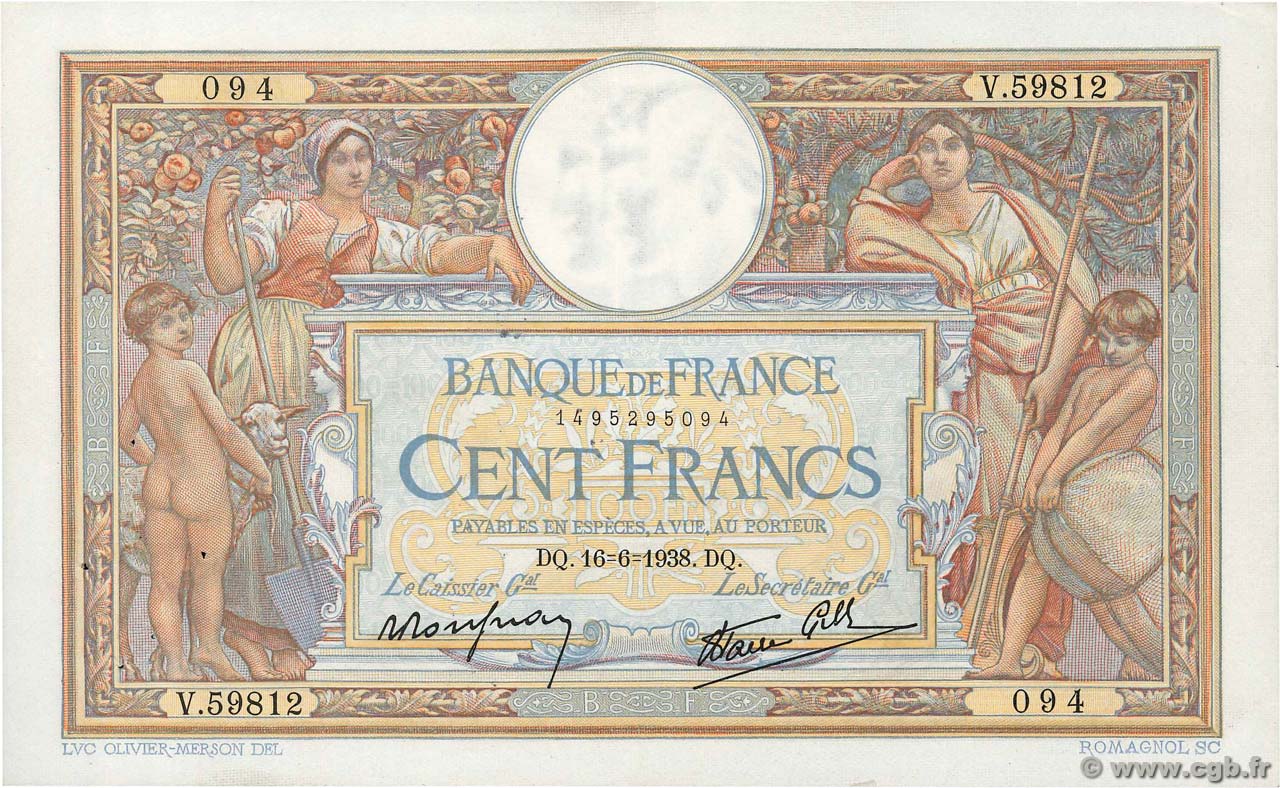 100 Francs LUC OLIVIER MERSON type modifié FRANCIA  1938 F.25.23 SPL