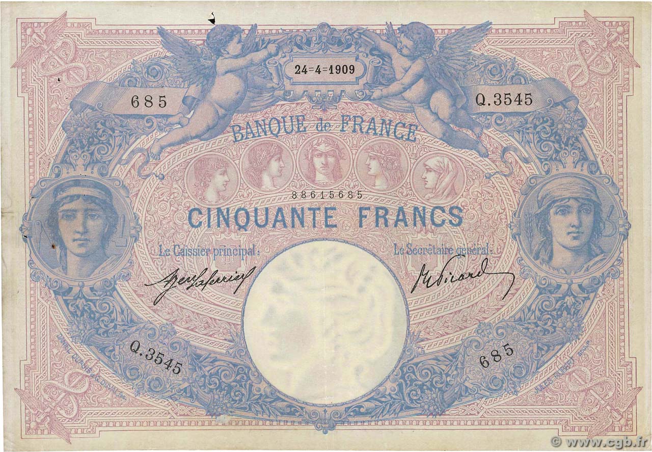 50 Francs BLEU ET ROSE FRANCE  1909 F.14.22 VF-