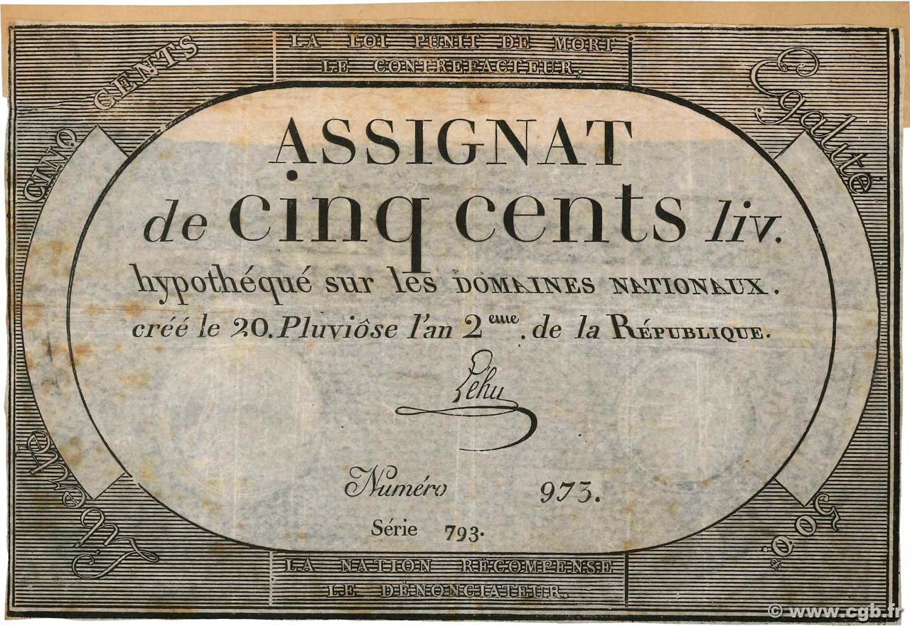 500 Livres FRANCIA  1794 Ass.47a q.BB