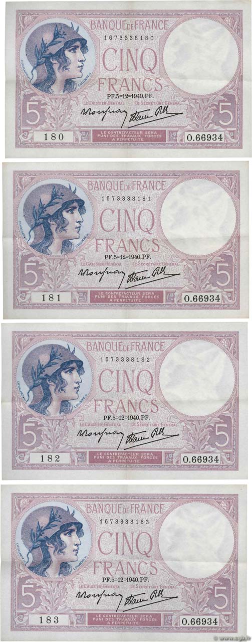 5 Francs FEMME CASQUÉE modifié Consécutifs FRANKREICH  1940 F.04.16 VZ