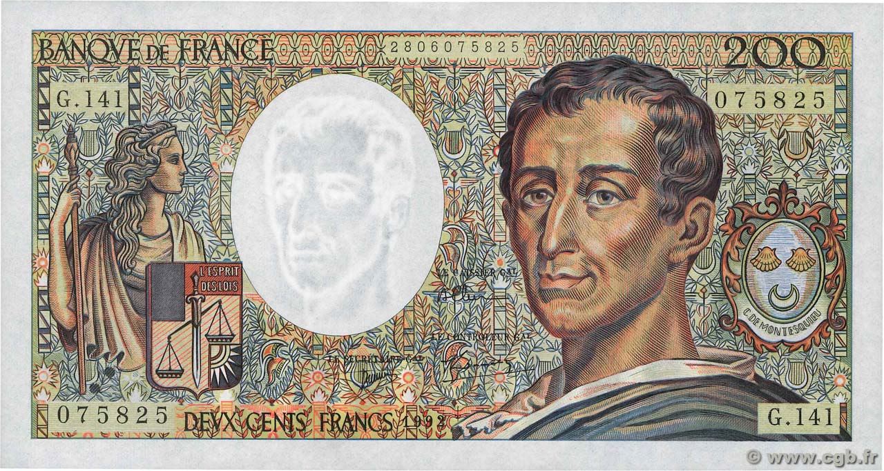 200 Francs MONTESQUIEU FRANCIA  1992 F.70.12c q.FDC