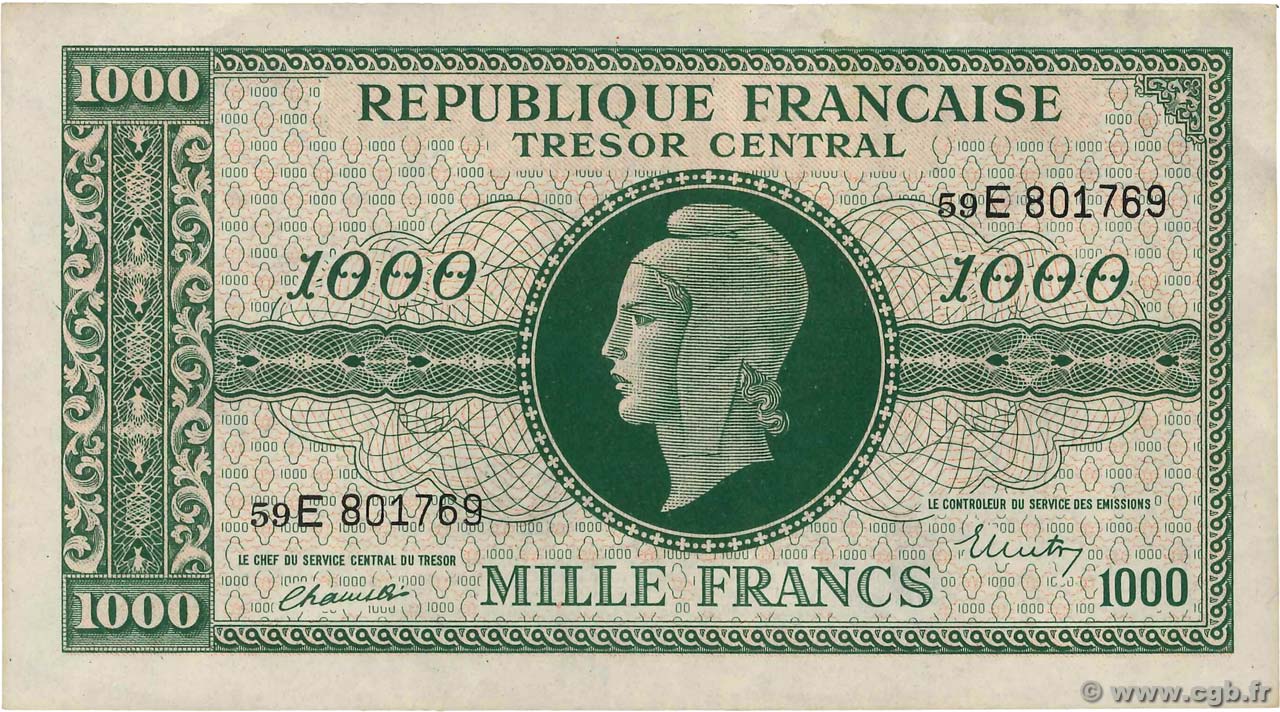1000 Francs MARIANNE THOMAS DE LA RUE FRANCE  1945 VF.13.02 VF+