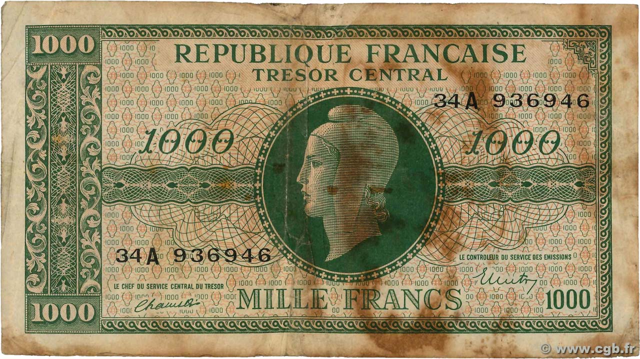 1000 Francs MARIANNE BANQUE D ANGLETERRE FRANCE  1945 VF.12.01 TB
