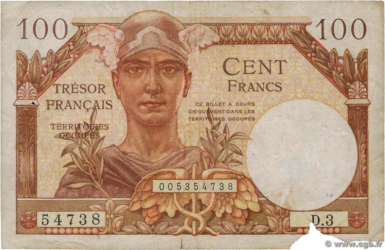 100 Francs TRÉSOR FRANÇAIS FRANKREICH  1947 VF.32.03 S