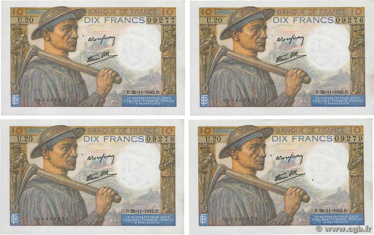 10 Francs MINEUR Consécutifs FRANCIA  1942 F.08.06 MBC+