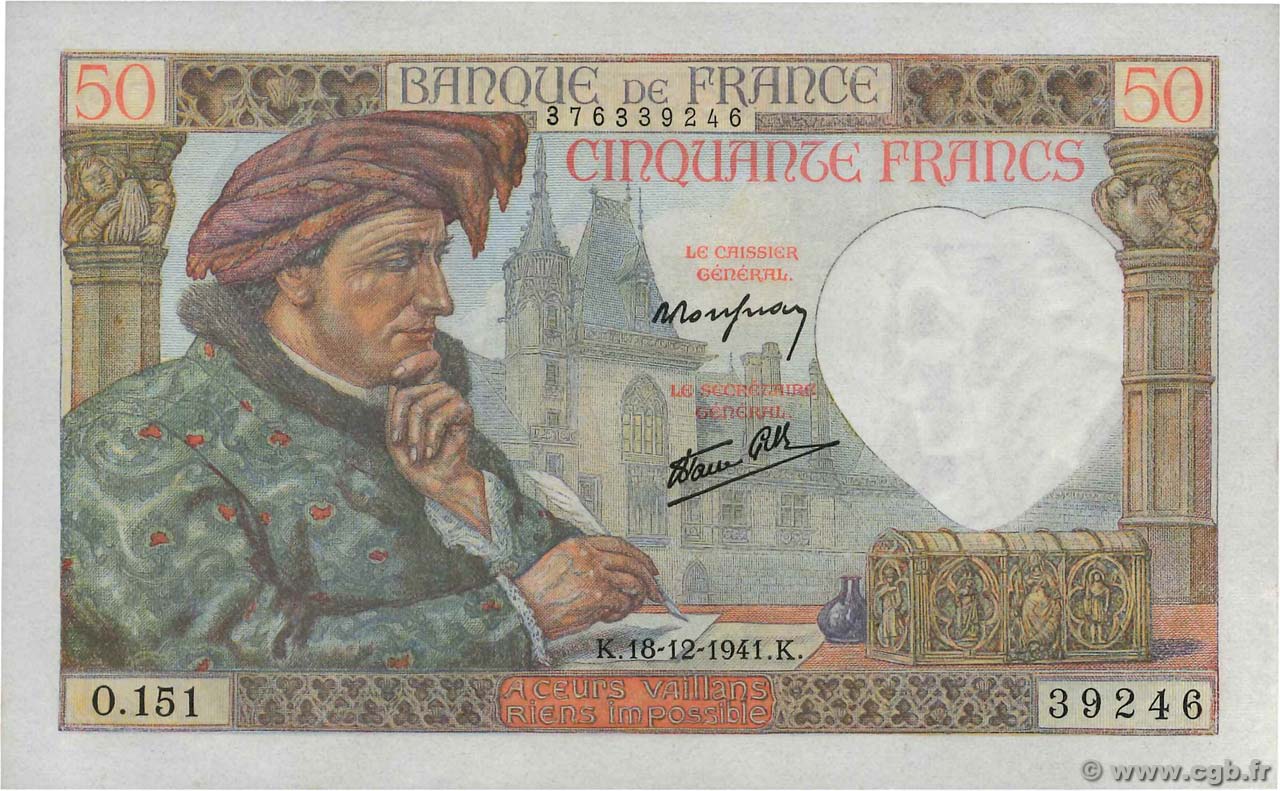 50 Francs JACQUES CŒUR FRANCIA  1941 F.19.17 FDC