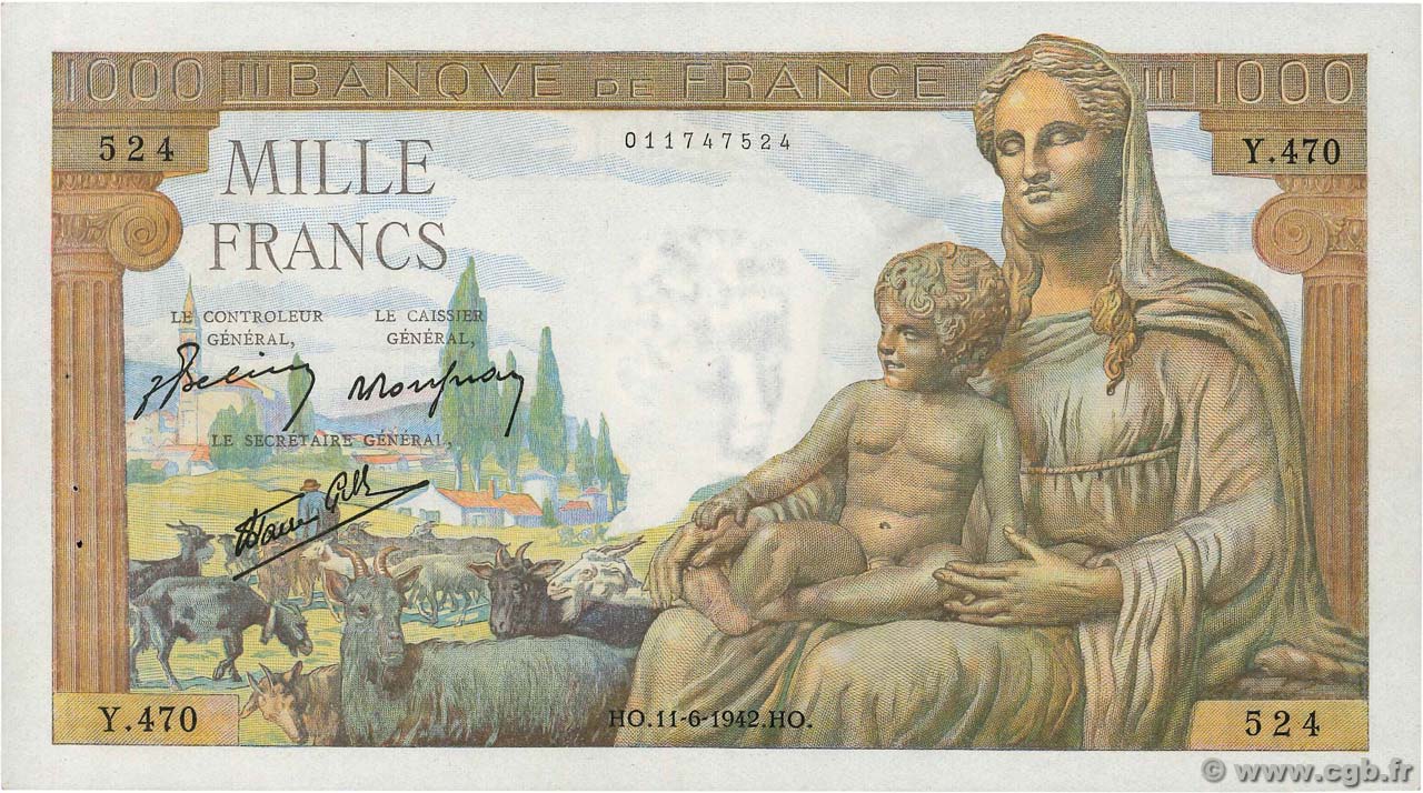 1000 Francs DÉESSE DÉMÉTER FRANCE  1942 F.40.02 SUP+
