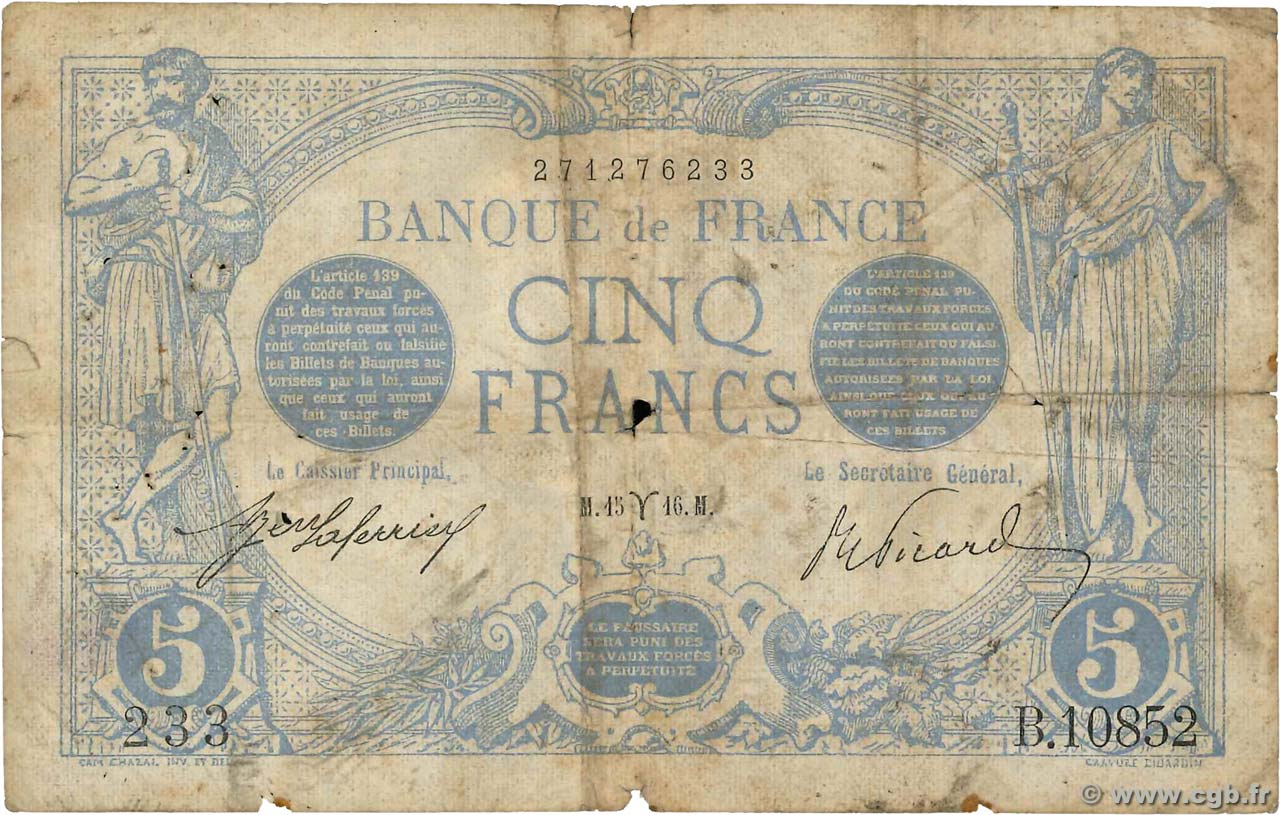 5 Francs BLEU FRANKREICH  1916 F.02.37 SGE