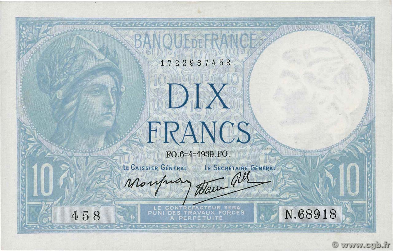 10 Francs MINERVE modifié FRANCE  1939 F.07.02 XF