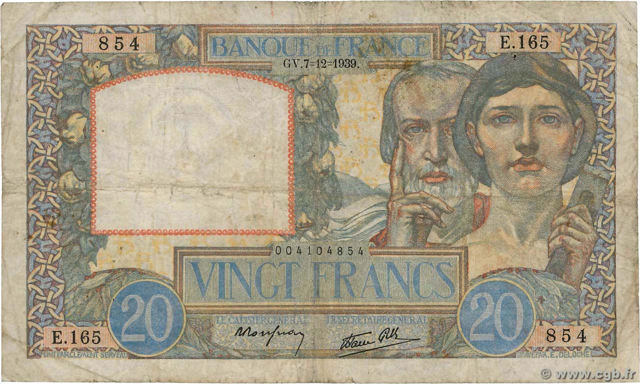 20 Francs TRAVAIL ET SCIENCE FRANCE  1939 F.12.01 G