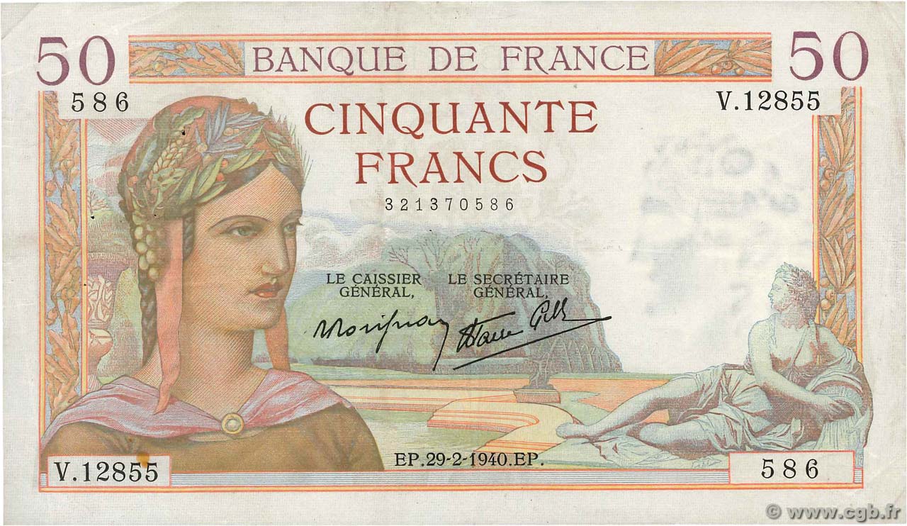 50 Francs CÉRÈS modifié FRANKREICH  1940 F.18.40 SS