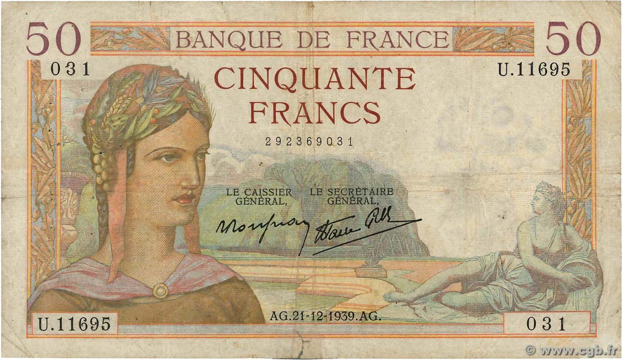 50 Francs CÉRÈS modifié FRANCE  1939 F.18.36 VG