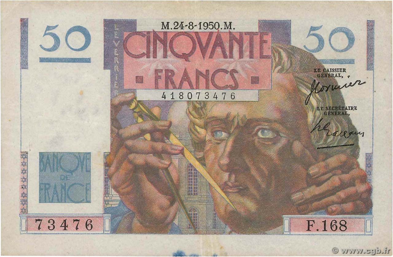 50 Francs LE VERRIER FRANCE  1950 F.20.16 VF-