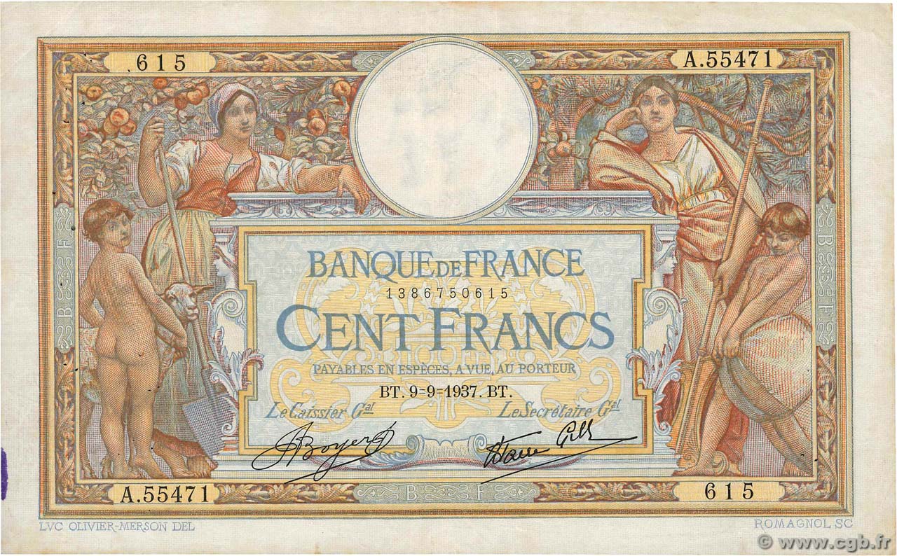 100 Francs LUC OLIVIER MERSON type modifié FRANCIA  1937 F.25.01 q.BB