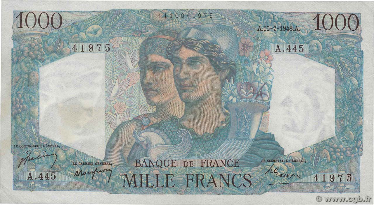 1000 Francs MINERVE ET HERCULE FRANCE  1948 F.41.22 TTB+