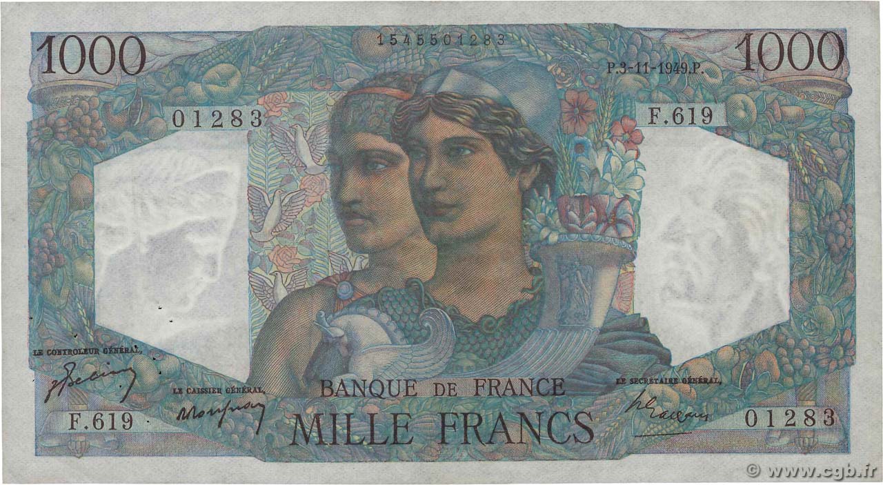 1000 Francs MINERVE ET HERCULE FRANCE  1949 F.41.29 VF-
