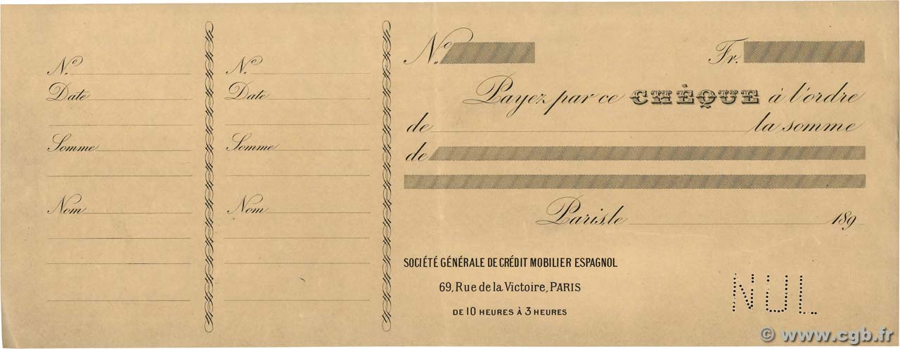 Francs Non émis FRANCE regionalismo y varios Paris 1890 DOC.Chèque EBC