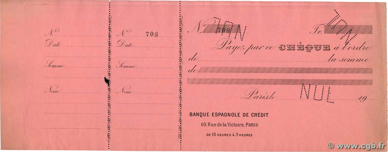 Francs Non émis FRANCE regionalismo y varios Paris 1900 DOC.Chèque MBC