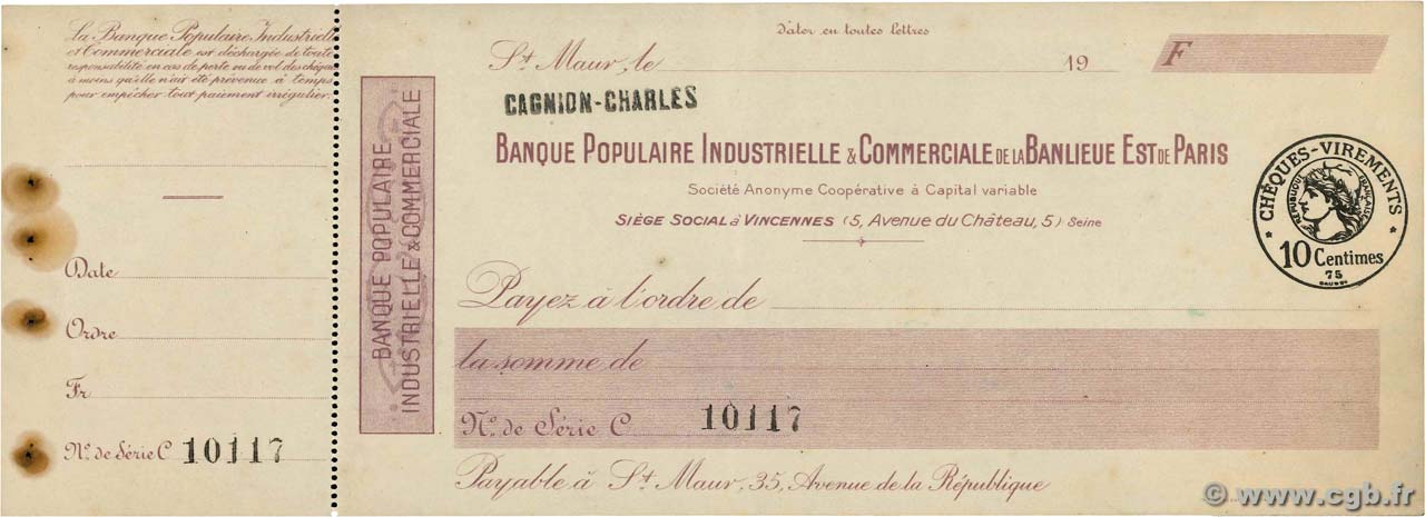Francs FRANCE régionalisme et divers St.Maur 1920 DOC.Chèque SUP