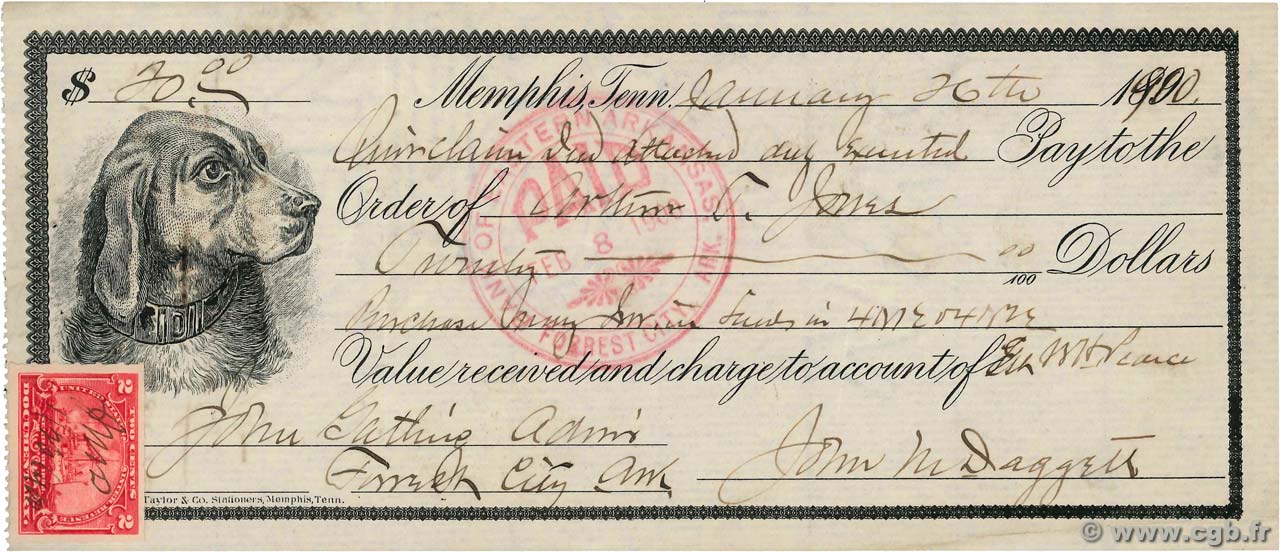 20 Dollars UNITED STATES OF AMERICA Memphis 1900 DOC.Chèque XF