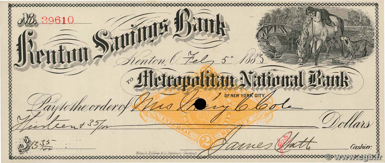 13,35 Dollars ÉTATS-UNIS D AMÉRIQUE Kenton 1883 DOC.Chèque SUP