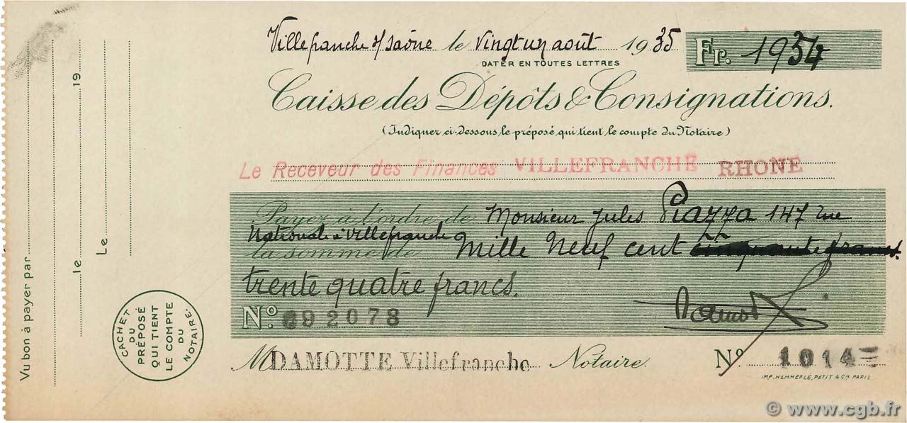 1934 Francs FRANCE régionalisme et divers Villefranche-Sur-Saône 1935 DOC.Chèque TTB